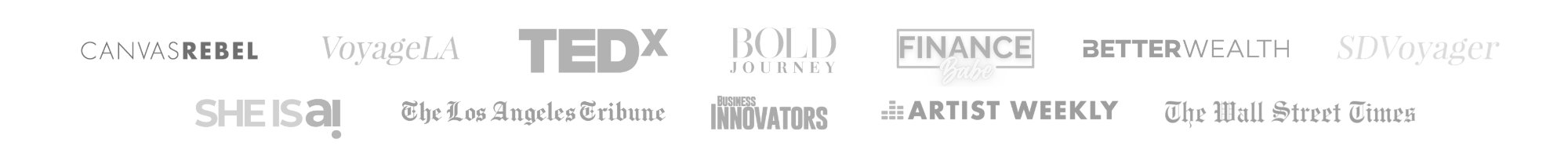 Featured in Canvas Rebel, VoyageLA, TEDx, Bold Journey, Finance Babe, BetterWealth, SDVoyager, She Is AI, The Los Angeles Tribune, Business Innovators, Artist Weekly, The Wall Street Times